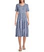 Color:Blue Depths/Allover Floral Print - Image 1 - Allover Floral Print Cotton Slub Jersey Knit Crew Neck Short Sleeve Tiered Dress