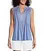 Color:Cornflower - Image 1 - Cotton Knit Embroidered Lace Notch V-Neck Sleeveless Swing Tank Top