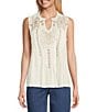 Color:Marshmallow - Image 1 - Cotton Knit Embroidered Lace Notch V-Neck Sleeveless Swing Tank Top