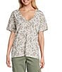 Intro Cotton Slub Jersey Abstract Leaf Print V-Neck Short Sleeve Tee Top, Color:Sand Abstract Leaf Print - Image 1