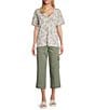 Intro Cotton Slub Jersey Abstract Leaf Print V-Neck Short Sleeve Tee Top, Color:Sand Abstract Leaf Print - Image 3