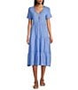 Color:Cornflower Blue - Image 1 - Cotton Slub Knit Jersey Henley V-Neck Short Tiered Midi Dress