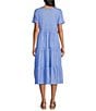 Color:Cornflower Blue - Image 2 - Cotton Slub Knit Jersey Henley V-Neck Short Tiered Midi Dress