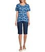 Intro Cotton Slub Printed Scoop Neck Short Twist Sleeve Rushed Tee, Color:Blue Print - Image 3