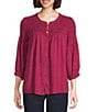 Intro Crinkle Gauze Crew Neck 3/4 Sleeve Smocked Romantic Button-Front Blouse, Color:Beaujolais - Image 1