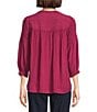Intro Crinkle Gauze Crew Neck 3/4 Sleeve Smocked Romantic Button-Front Blouse, Color:Beaujolais - Image 2