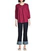 Intro Crinkle Gauze Crew Neck 3/4 Sleeve Smocked Romantic Button-Front Blouse, Color:Beaujolais - Image 3