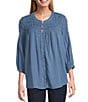 Intro Crinkle Gauze Crew Neck 3/4 Sleeve Smocked Romantic Button-Front Blouse, Color:Blue Horizon - Image 1