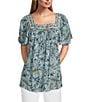 Intro Crinkle Gauze Embroidered Printed Square Neck Short Flutter Sleeve Top, Color:Aquamarine - Image 1