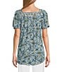 Intro Crinkle Gauze Embroidered Printed Square Neck Short Flutter Sleeve Top, Color:Aquamarine - Image 2