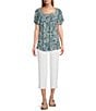 Intro Crinkle Gauze Embroidered Printed Square Neck Short Flutter Sleeve Top, Color:Aquamarine - Image 3