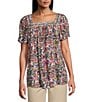 Intro Crinkle Gauze Floral Embroidered Printed Square Neck Short Flutter Sleeve Top, Color:Rapture Rose - Image 1