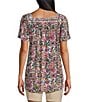 Intro Crinkle Gauze Floral Embroidered Printed Square Neck Short Flutter Sleeve Top, Color:Rapture Rose - Image 2