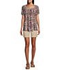 Intro Crinkle Gauze Floral Embroidered Printed Square Neck Short Flutter Sleeve Top, Color:Rapture Rose - Image 3