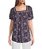Intro Crinkle Gauze Embroidered Printed Square Neck Short Flutter Sleeve Top, Color:Medieval Blue - Image 1