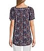 Intro Crinkle Gauze Embroidered Printed Square Neck Short Flutter Sleeve Top, Color:Medieval Blue - Image 2