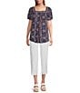 Intro Crinkle Gauze Embroidered Printed Square Neck Short Flutter Sleeve Top, Color:Medieval Blue - Image 3