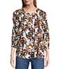 Intro Crinkle Gauze Floral Print Crew Neck 3/4 Sleeve Smocked Detail Button-Front Blouse, Color:Classic Khaki - Image 1