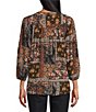 Intro Crinkle Gauze Patchwork Banded Y-Neck 3/4 Elastic Cuff Sleeve Button Front Top - Image 2