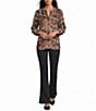 Intro Crinkle Gauze Patchwork Banded Y-Neck 3/4 Elastic Cuff Sleeve Button Front Top - Image 3