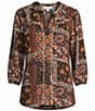 Intro Crinkle Gauze Patchwork Banded Y-Neck 3/4 Elastic Cuff Sleeve Button Front Top - Image 5