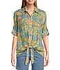 Intro Crinkle Gauze Printed Point Collar 3/4 Roll-Tab Sleeve Tie Front Hem Button Front Shirt, Color:Dazzling Blue - Image 1