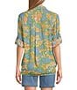 Intro Crinkle Gauze Printed Point Collar 3/4 Roll-Tab Sleeve Tie Front Hem Button Front Shirt, Color:Dazzling Blue - Image 2