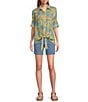 Intro Crinkle Gauze Printed Point Collar 3/4 Roll-Tab Sleeve Tie Front Hem Button Front Shirt, Color:Dazzling Blue - Image 3