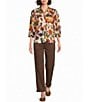 Intro Crinkle Woven Printed Point Collar3/4 Puff Sleeve Button Front Placket Shirt - Image 3