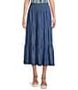 Intro Eloise Tiered A-Line Midi Pull-On Skirt, Color:Medium Blue Wash - Image 1