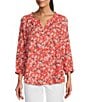 Color:Dipsy Floral Print - Image 1 - Embroidered Dipsy Floral Print Split Round Neck 3/4 Balloon Sleeve Ruffle Trim Button-Front Boho Peasant Top