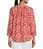 Color:Dipsy Floral Print - Image 2 - Embroidered Dipsy Floral Print Split Round Neck 3/4 Balloon Sleeve Ruffle Trim Button-Front Boho Peasant Top