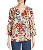 Color:Flan/Floral Print - Image 1 - Embroidered Floral Print Split Round Neck 3/4 Balloon Sleeve Ruffle Trim Button-Front Boho Peasant Top