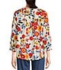 Color:Flan/Floral Print - Image 2 - Embroidered Floral Print Split Round Neck 3/4 Balloon Sleeve Ruffle Trim Button-Front Boho Peasant Top