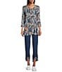 Intro Straight Leg Denim Tulip Eyelet Embroidered Frayed Hem Pull-On Ankle Pants, Color:Tidal Wash - Image 3