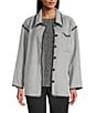 Intro Embroidered Whipstitch Grey/Black Point Collar Long Sleeve Button-Front Shirt Jacket, Color:Grey/Black Whipstitch - Image 1