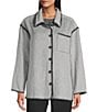 Intro Embroidered Whipstitch Grey/Black Point Collar Long Sleeve Button-Front Shirt Jacket, Color:Grey/Black Whipstitch - Image 2