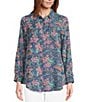 Color:Sun Wash/Floral Geometric Mix Print - Image 3 - Floral Geometric Mix Print Long Roll-Tab Sleeve Button Front Point Collar Tencel Shirt