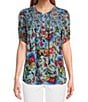 Color:Cloisonne Floral Print - Image 1 - Floral Frill Crew Neck Short Sleeve Smocked Yoke Lace Inset Top