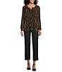 Intro Flower Split V-Neck 3/4 Sleeve Ruffle Blouse, Color:Ebony Black/Gold - Image 3