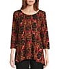Intro Knit Jersey Abstract Geo Print 3/4 Sleeve Pleated Neck Tee, Color:Sundried Tomato - Image 1