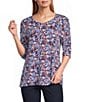 Intro Knit Jersey Victoria Blue Crew Neck Elbow Ruched Sleeve Top - Image 1