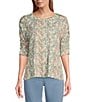 Intro Knit Jersey Vine Print Crew Neck Elbow Puff Sleeve Top, Color:Marshmellow - Image 1