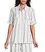 Intro Linen Blend Coordinating Stripe Point Collar Elbow Sleeve Button Front Camp Shirt - Image 1