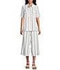 Intro Linen Blend Coordinating Stripe Point Collar Elbow Sleeve Button Front Camp Shirt - Image 3