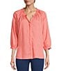Color:Shell Pink - Image 1 - Lyocell Slub Split Round Neck Ruffle Trim 3/4 Sleeve Hidden Button Front Peasant Top