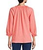 Color:Shell Pink - Image 2 - Lyocell Slub Split Round Neck Ruffle Trim 3/4 Sleeve Hidden Button Front Peasant Top