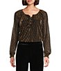 Intro Metallic Clip Dot Split V-Neck 3/4 Sleeve Ruffle Blouse, Color:Ebony Black/Red - Image 1
