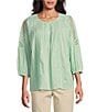 Intro Petite Size Cotton Voile Crew Neck 3/4 Sleeve Lace Trim Peasant Blouse, Color:Birds Egg - Image 1