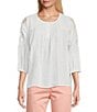 Intro Petite Size Cotton Voile Crew Neck 3/4 Sleeve Lace Trim Peasant Blouse, Color:Bright White - Image 1